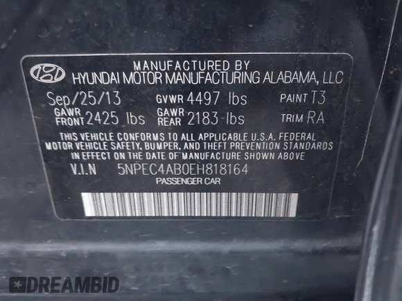 2014 Hyundai Sonata Limited with VIN 5NPEC4AB0EH818164, listed as a IAAI auction lot 42061434 with 120,228 mi miles and . Bid and sale history available at DreamBid. Image 9.
