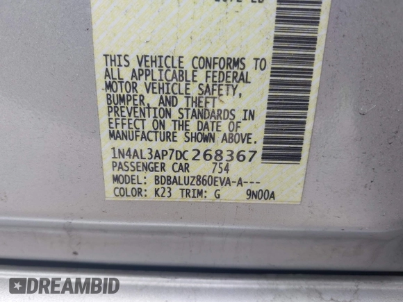2013 Nissan Altima SV with VIN 1N4AL3AP7DC268367, listed as a IAAI auction lot 41911133 with 192,844 mi miles and . Bid and sale history available at carsss.com. Image 9.