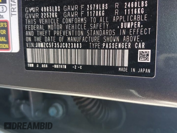 2018 Honda Clarity Plug-In Hybrid Touring with VIN JHMZC5F35JC023883, listed as a Copart auction lot 69039654 with 83,362 mi miles and Salvage Title. Bid and sale history available at carsss.com. Image 15.