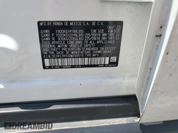 2024 Honda HR-V Sport with VIN 3CZRZ2H53RM708515, listed as a Copart auction lot 62723285 with 8,986 mi miles and Salvage title. Bid and sale history available at DreamBid. Image 13.