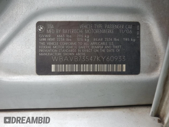 2007 BMW 3 Series 335i z VIN WBAVB73547KY60933, wystawiony jako Copart lot #53497415 z przebiegiem 174 145 mil mil oraz Szkoda całkowita • Salvage title. Historia ofert i sprzedaży dostępna na DreamBid. Obrazek 12.
