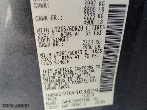 2016 Nissan Titan XD Platinum Reserve with VIN 1N6BA1F27GN503829, listed as a Copart auction lot 65203924 with 0 mi miles and Salvage Title. Bid and sale history available at carsss.com. Image 13.