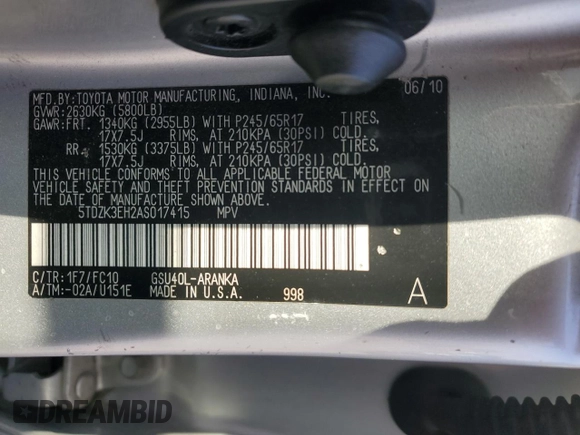 2010 Toyota Highlander with VIN 5TDZK3EH2AS017415, listed as a Copart auction lot 60332305 with 289,682 mi miles and Salvage title. Bid and sale history available at DreamBid. Image 13.
