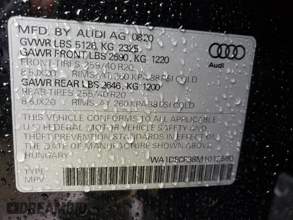2021 Audi Q3 S line Premium with VIN WA1DECF38M1012560, listed as a Copart auction lot 40304343 with 20,107 mi miles. Bid and sale history available at carsss.com. Image 13.