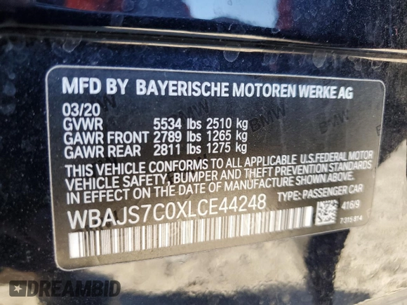 2020 BMW 5 Series M550i xDrive with VIN WBAJS7C0XLCE44248, listed as a Copart auction lot 48660045 with 73,949 mi miles and Salvage title. Bid and sale history available at DreamBid. Image 14.