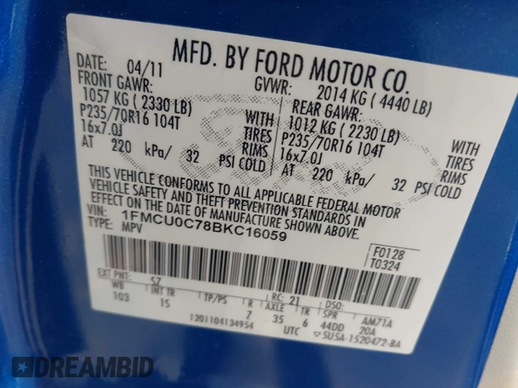 2011 Ford Escape XLS with VIN 1FMCU0C78BKC16059, listed as a IAAI auction lot 42577234 with 210,890 mi miles and . Bid and sale history available at DreamBid. Image 9.
