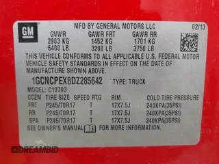 2013 Chevrolet Silverado 1500 Work Truck with VIN 1GCNCPEX8DZ285642, listed as a IAAI auction lot 42130421 with 100,738 mi miles and . Bid and sale history available at DreamBid. Image 9.