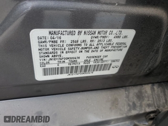 2016 Infiniti Q50 Premium with VIN JN1EV7AP0GM300476, listed as a Copart auction lot 55814175 with 116,025 mi miles and Salvage Title. Bid and sale history available at carsss.com. Image 12.