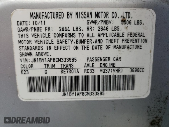 2012 Infiniti M37 with VIN JN1BY1AP8CM333985, listed as a Copart auction lot 81741654 with 142,745 mi miles and Salvage Title. Bid and sale history available at carsss.com. Image 13.