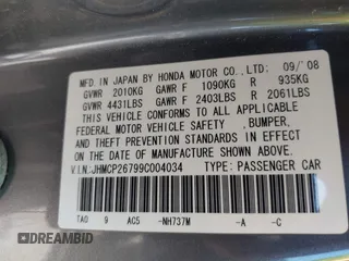 2009 Honda Accord EX z VIN JHMCP26799C004034, wystawiony jako IAAI lot #42119755 z przebiegiem 169 270 mil mil oraz . Historia ofert i sprzedaży dostępna na DreamBid. Obrazek 9.