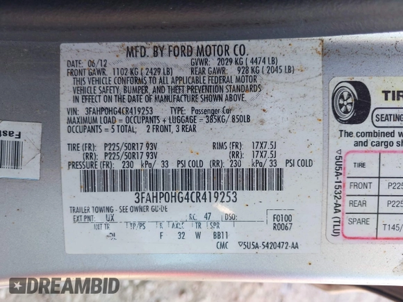 2012 Ford Fusion SE с VIN 3FAHP0HG4CR419253, выставлен на аукционе IAAI как лот 42616828 с пробегом 238 789 миль миль и . История ставок и продаж доступна на DreamBid. Изображение 9.