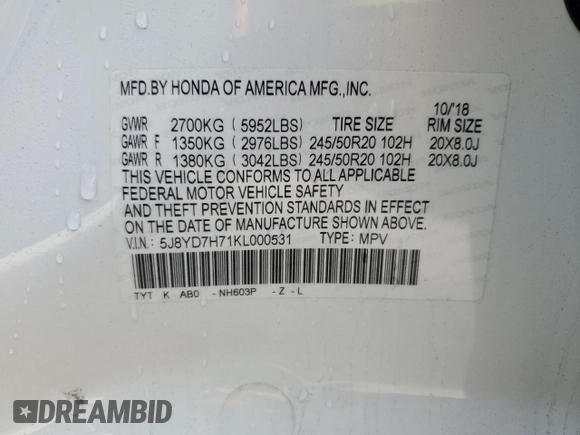 2019 Acura MDX Sport Hybrid w/Advance Pkg with VIN 5J8YD7H71KL000531, listed as a Copart auction lot 84648554 with 0 mi miles and Salvage Title. Bid and sale history available at carsss.com. Image 13.
