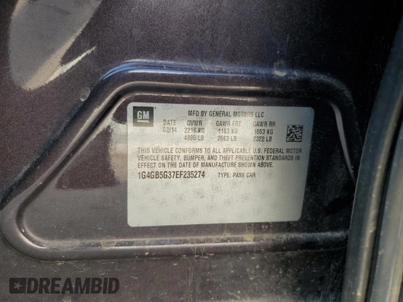 2014 Buick LaCrosse Leather with VIN 1G4GB5G37EF235274, listed as a Copart auction lot 52308755 with 173,397 mi miles and Non Repairable. Bid and sale history available at DreamBid. Image 12.