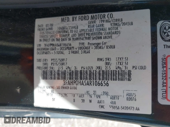2010 Ford Fusion SE with VIN 3FAHP0HA5AR106656, listed as a IAAI auction lot 42473572 with 205,538 mi miles and . Bid and sale history available at DreamBid. Image 9.