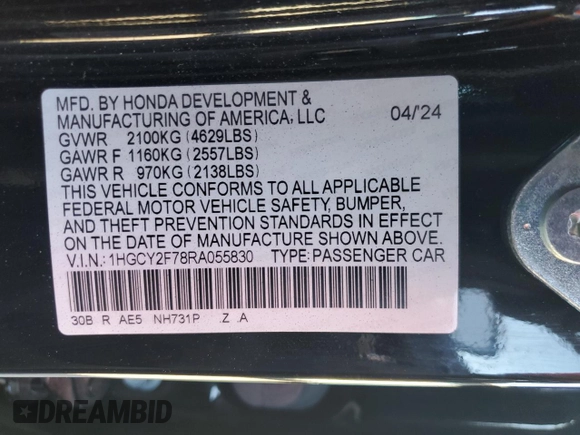 2024 Honda Accord Sport-L with VIN 1HGCY2F78RA055830, listed as a Copart auction lot 48433795 with 12,211 mi miles and Salvage title. Bid and sale history available at DreamBid. Image 15.