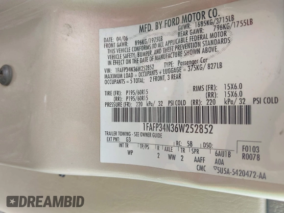 2006 Ford Focus S with VIN 1FAFP34N36W252852, listed as a IAAI auction lot 42527049 with 100,545 mi miles and . Bid and sale history available at DreamBid. Image 9.