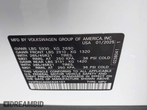 2025 Volkswagen Atlas SE with VIN 1V2FR2CA0SC525107, listed as a IAAI auction lot 42149492 with 2,443 mi miles and . Bid and sale history available at DreamBid. Image 9.