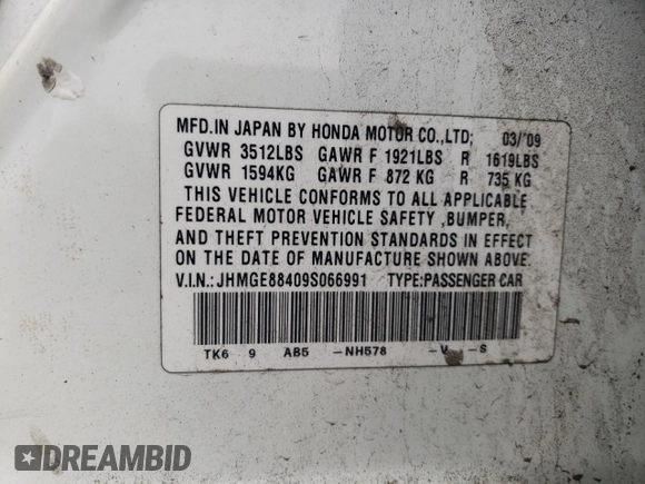 2009 Honda Fit Sport with VIN JHMGE88409S066991, listed as a Copart auction lot 52823425 with 275,722 mi miles and Salvage Title. Bid and sale history available at carsss.com. Image 13.