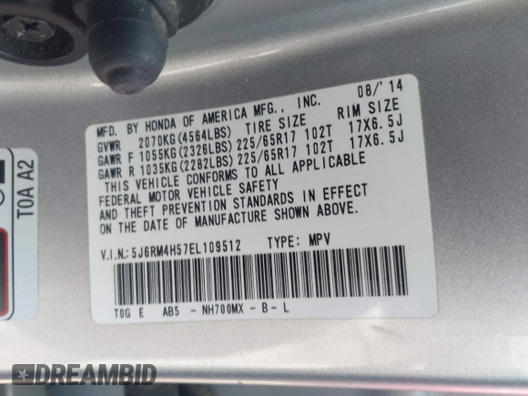 2014 Honda CR-V EX with VIN 5J6RM4H57EL109512, listed as a IAAI auction lot 42215113 with 109,545 mi miles and . Bid and sale history available at DreamBid. Image 9.