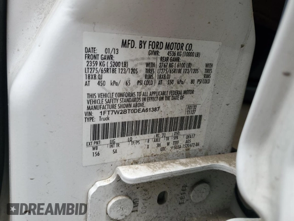 2013 Ford F-250 XL with VIN 1FT7W2BT0DEA61387, listed as a Copart auction lot 53798935 with 156,392 mi miles and Salvage title. Bid and sale history available at DreamBid. Image 12.