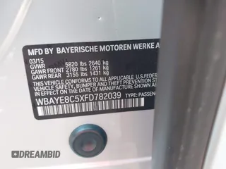 2015 BMW 7 Series 750Li with VIN WBAYE8C5XFD782039, listed as a IAAI auction lot 41505626 with 74,716 mi miles. Bid and sale history available at carsss.com. Image 9.