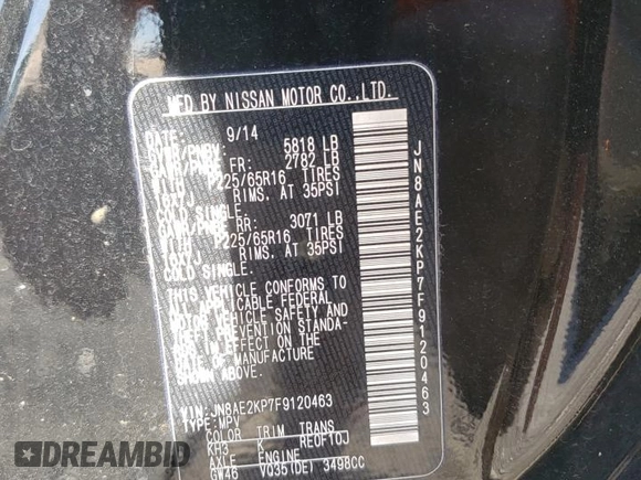 2015 Nissan Quest SV z VIN JN8AE2KP7F9120463, wystawiony jako Copart lot #49695485 z przebiegiem 143 413 mil mil oraz Czysty tytuł • Clean title. Historia ofert i sprzedaży dostępna na DreamBid. Obrazek 16.