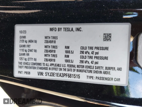 2023 Tesla Model 3 with VIN 5YJ3E1EA3PF681515, listed as a IAAI auction lot 41899053 with 15,985 mi miles and . Bid and sale history available at carsss.com. Image 9.