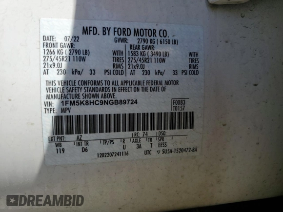 2022 Ford Explorer Platinum z VIN 1FM5K8HC9NGB89724, wystawiony jako Copart lot #60282325 z przebiegiem 38 958 mil mil oraz Szkoda całkowita • Salvage title. Historia ofert i sprzedaży dostępna na DreamBid. Obrazek 14.