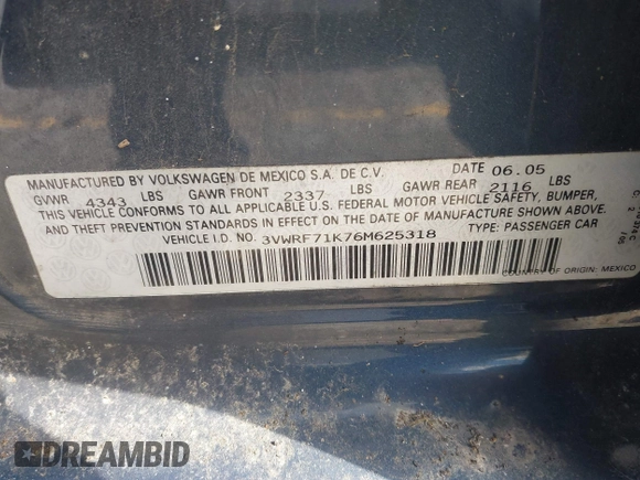 2006 Volkswagen Jetta 2.5L z VIN 3VWRF71K76M625318, wystawiony jako IAAI lot #41872926 z przebiegiem 69 892 mil mil oraz . Historia ofert i sprzedaży dostępna na DreamBid. Obrazek 9.