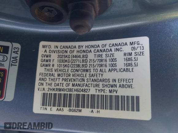 2014 Honda CR-V LX with VIN 2HKRM4H38EH604827, listed as a IAAI auction lot 41829807 with 137,887 mi miles. Bid and sale history available at carsss.com. Image 9.