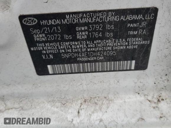 2013 Hyundai Elantra GLS z VIN 5NPDH4AE1DH424095, wystawiony jako Copart lot #52617945 z przebiegiem Nie podano mil oraz Szkody całkowita. Historia ofert i sprzedaży dostępna na DreamBid. Obrazek 14.