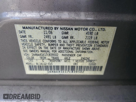 2007 Nissan Maxima SL with VIN 1N4BA41E17C839502, listed as a Copart auction lot 78394784 with 124,477 mi miles and Salvage Title. Bid and sale history available at DreamBid. Image 14.