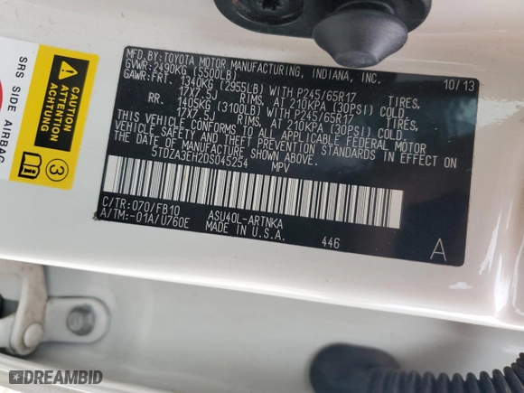 2013 Toyota Highlander with VIN 5TDZA3EH2DS045254, listed as a Copart auction lot 50244815 with 74,507 mi miles and Salvage Title. Bid and sale history available at carsss.com. Image 13.