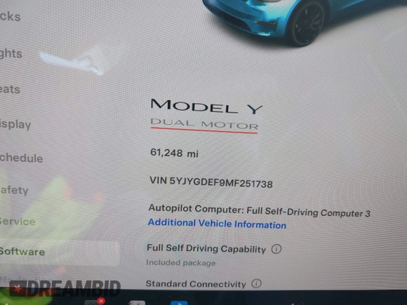 2021 Tesla Model Y Performance with VIN 5YJYGDEF9MF251738, listed as a IAAI auction lot 41708950 with 61,248 mi miles and . Bid and sale history available at DreamBid. Image 7.