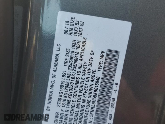 2019 Honda Odyssey EX с VIN 5FNRL6H55KB016040, выставлен на аукционе Copart как лот 64958225 с пробегом 105 428 миль миль и Списание • Salvage title. История ставок и продаж доступна на DreamBid. Изображение 14.