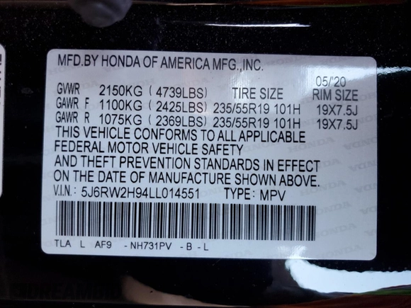 2020 Honda CR-V Touring with VIN 5J6RW2H94LL014551, listed as a Copart auction lot 51350075 with 42,010 mi miles and Salvage Title. Bid and sale history available at DreamBid. Image 15.