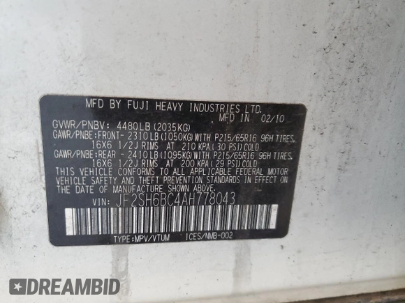 2010 Subaru Forester X with VIN JF2SH6BC4AH778043, listed as a Copart auction lot 48740235 with 182,253 mi miles and Clean title. Bid and sale history available at DreamBid. Image 13.