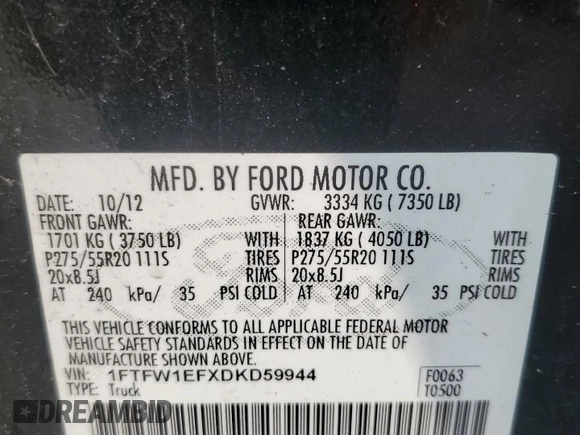 2013 Ford F-150 XL with VIN 1FTFW1EFXDKD59944, listed as a Copart auction lot 58673165 with 198,531 mi miles and Salvage title. Bid and sale history available at DreamBid. Image 12.