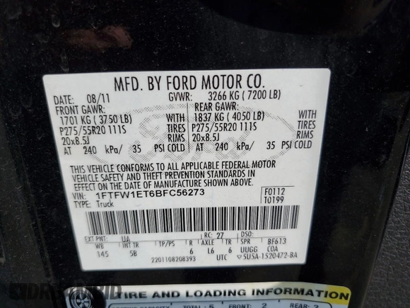 2011 Ford F-150 XLT with VIN 1FTFW1ET6BFC56273, listed as a Copart auction lot 60679755 with 136,912 mi miles and Salvage title. Bid and sale history available at DreamBid. Image 12.