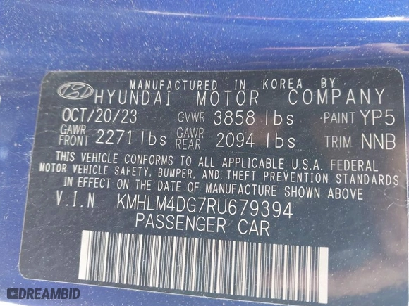 2024 Hyundai Elantra SEL with VIN KMHLM4DG7RU679394, listed as a IAAI auction lot 41795039 with 6,124 mi miles. Bid and sale history available at carsss.com. Image 9.