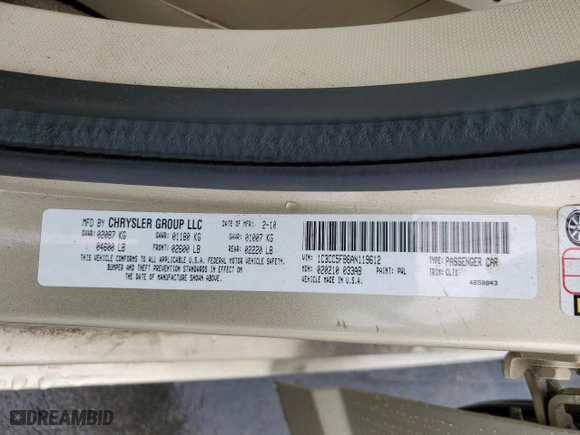 2010 Chrysler Sebring Limited with VIN 1C3CC5FB6AN119612, listed as a Copart auction lot 89024335 with 280,291 mi miles and Salvage Title. Bid and sale history available at carsss.com. Image 12.