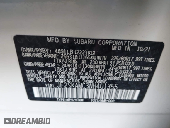 2022 Subaru Forester Wilderness with VIN JF2SKAMC3NH401355, listed as a IAAI auction lot 42510482 with 58,279 mi miles and . Bid and sale history available at DreamBid. Image 9.