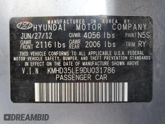 2013 Hyundai Elantra with VIN KMHD35LE9DU031786, listed as a Copart auction lot 60994465 with 104,860 mi miles and Clean title. Bid and sale history available at DreamBid. Image 12.