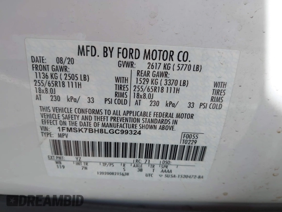 2020 Ford Explorer with VIN 1FMSK7BH8LGC99324, listed as a IAAI auction lot 42379677 with 51,487 mi miles and . Bid and sale history available at DreamBid. Image 9.