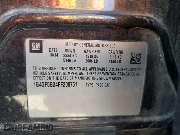 2015 Buick LaCrosse Premium II with VIN 1G4GF5G34FF208751, listed as a Copart auction lot 70413744 with 78,141 mi miles and Salvage Title. Bid and sale history available at DreamBid. Image 14.