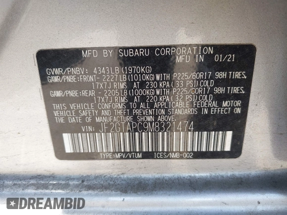 2021 Subaru Crosstrek Premium with VIN JF2GTAPC9M8321474, listed as a IAAI auction lot 42637682 with 34,920 mi miles and . Bid and sale history available at DreamBid. Image 9.