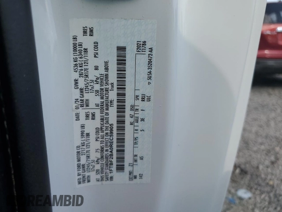 2024 Ford F-250 XL z VIN 1FTBF2BA0REC59905, wystawiony jako Copart lot #53203795 z przebiegiem Nie podano mil oraz Szkoda całkowita • Salvage title. Historia ofert i sprzedaży dostępna na DreamBid. Obrazek 12.