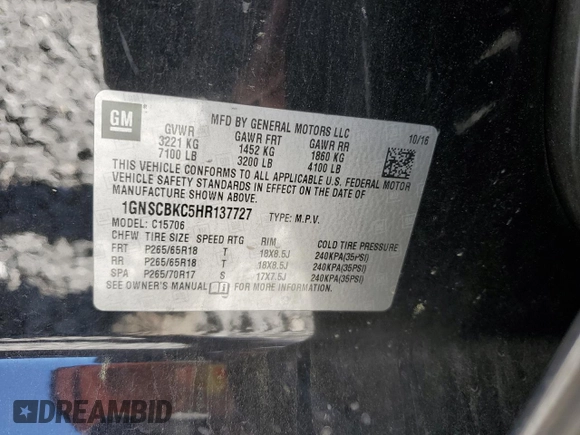 2017 Chevrolet Tahoe LT with VIN 1GNSCBKC5HR137727, listed as a Copart auction lot 49525245 with 250,788 mi miles and Salvage title. Bid and sale history available at DreamBid. Image 15.