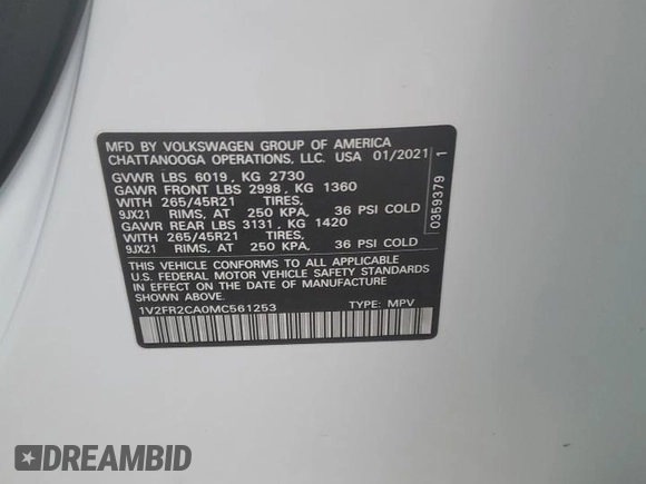 2021 Volkswagen Atlas SEL Premium R-Line с VIN 1V2FR2CA0MC561253, выставлен на аукционе Copart как лот 51237035 с пробегом 52 229 миль миль и Списание • Salvage title. История ставок и продаж доступна на DreamBid. Изображение 13.