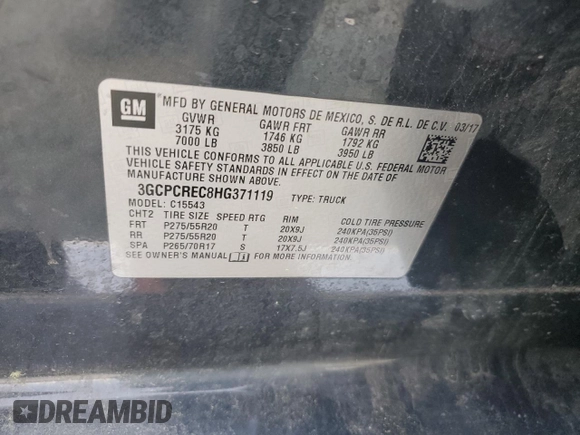 2017 Chevrolet Silverado 1500 LT with VIN 3GCPCREC8HG371119, listed as a Copart auction lot 55105305 with 112,790 mi miles and Clean Title. Bid and sale history available at carsss.com. Image 12.